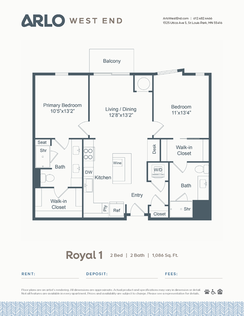 Floor plan for 2 beds, 2 baths, 1086 sqft